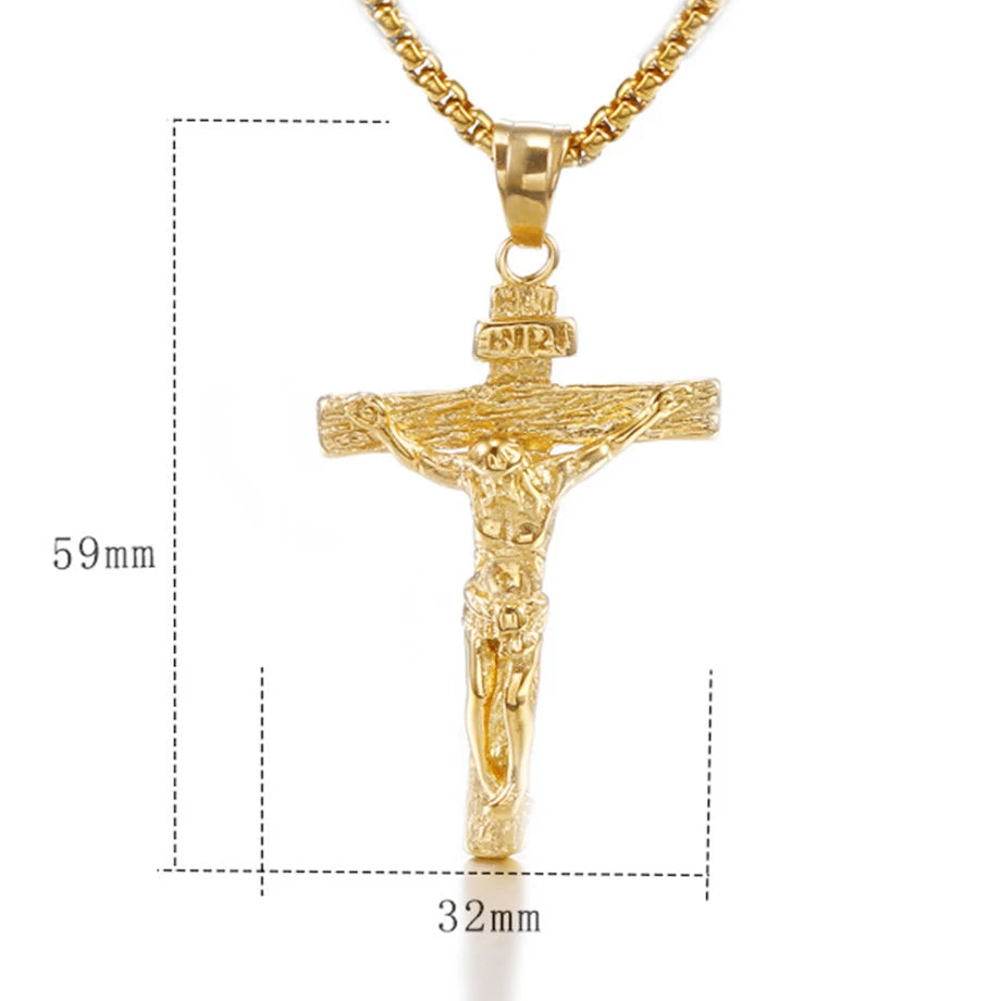 INRI Crucifix Jesus Cross Pendant Necklaces For Men Gold Color Stainless Steel Chains Men's Religious Christian Jewelry Gift