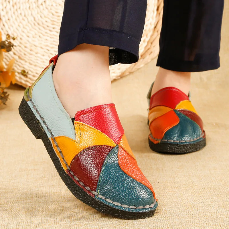 Women Leather Loafers Slip on Sewing Flat Shoes Platform Ladies Patchwork Fashion Casual Female Comfort Shoes PU Leather Flats