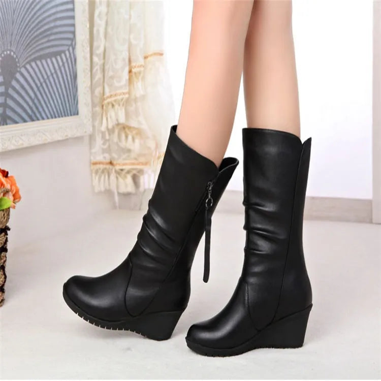 Winter Warm Fur  Boots Womens  Boots High Heels Side Zipper Female Shoes Black Woman Boots Shoes Wedge Boots Shose Women