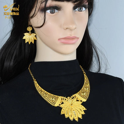 Nigerian Luxury Women Necklace African Jewelry Sets Dubai Indian Female Wedding Party Gift Gold Color Earrings For Jewellery Set