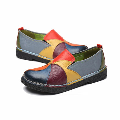 Women Leather Loafers Slip on Sewing Flat Shoes Platform Ladies Patchwork Fashion Casual Female Comfort Shoes PU Leather Flats