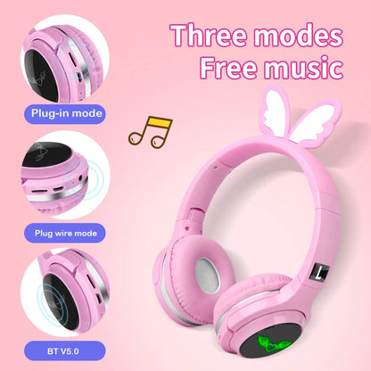 Cute Angel Wings Kids Bluetooth 5.0 Headset 7 Colors LED Headphones support SD Card Audio Cable Headphone for Boy Girl Gift