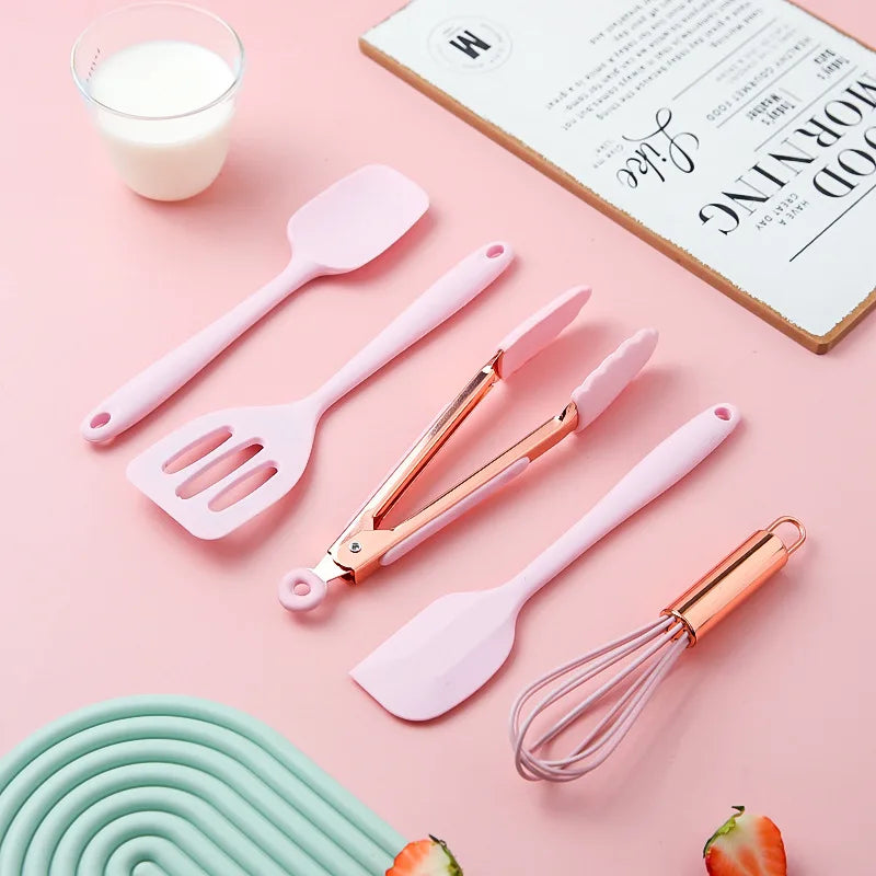 Silicone Scraper Oil Brush Egg Whisk Spatula Silicone Cooking Utensil Multipurpose Kitchen Cake Tool Set Kitchenware Pink