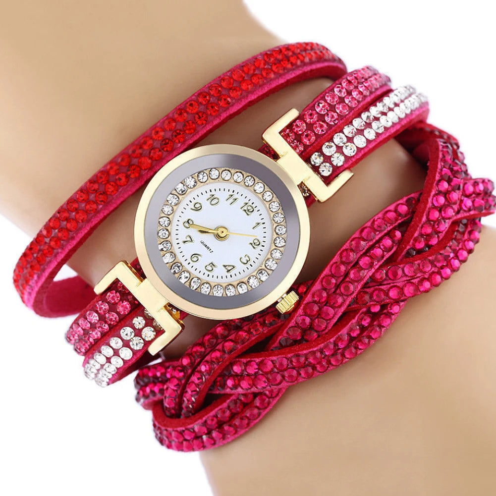 Women  Fashion Rhinestones Faux Leather Braid Analog Clock Quartz Bracelet Wrist Watch gift New Ladies Dress Watches Gift Luxury