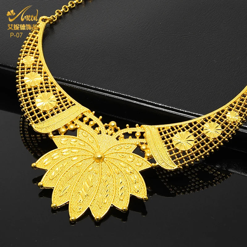 Nigerian Luxury Women Necklace African Jewelry Sets Dubai Indian Female Wedding Party Gift Gold Color Earrings For Jewellery Set