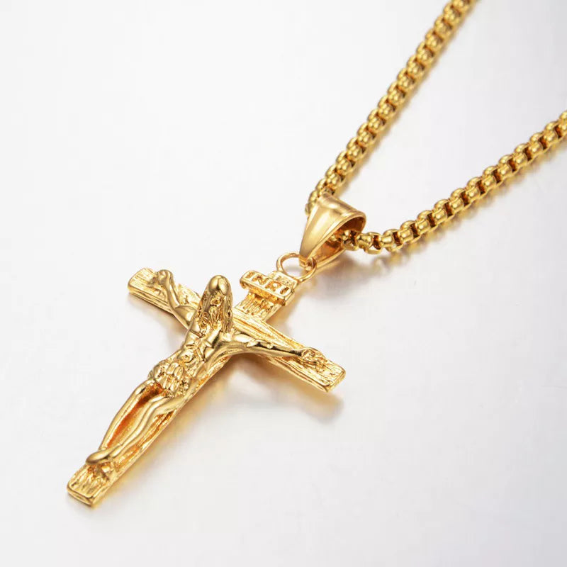 INRI Crucifix Jesus Cross Pendant Necklaces For Men Gold Color Stainless Steel Chains Men's Religious Christian Jewelry Gift