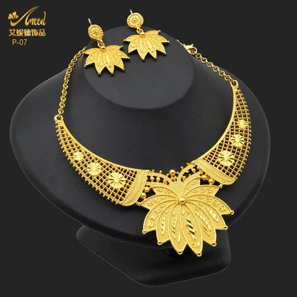 Nigerian Luxury Women Necklace African Jewelry Sets Dubai Indian Female Wedding Party Gift Gold Color Earrings For Jewellery Set