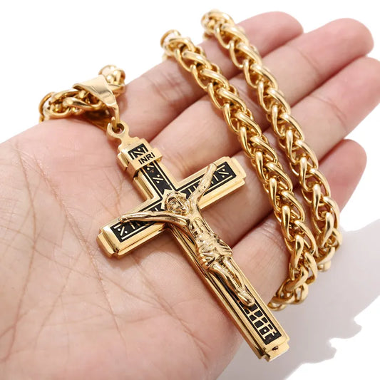 High Quality Stainless Steel Gold Tone Multilayer Cross Christ Jesus Pendant Necklace Chains For Men Jewelry Gift