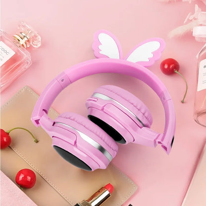 Cute Angel Wings Kids Bluetooth 5.0 Headset 7 Colors LED Headphones support SD Card Audio Cable Headphone for Boy Girl Gift