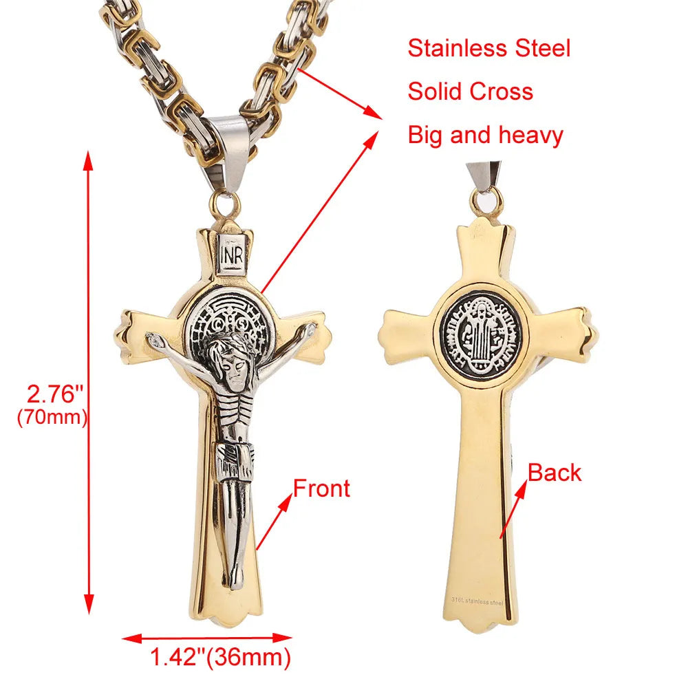 24'' Stainless Steel Byzantine Chain Saint Catholic Benedict Crucifix San Jesus St Benedict Necklace Cross Necklace Gift For Man