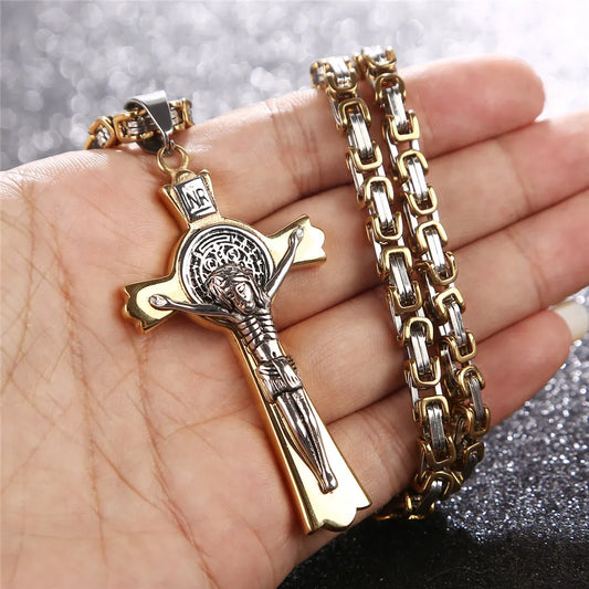 24'' Stainless Steel Byzantine Chain Saint Catholic Benedict Crucifix San Jesus St Benedict Necklace Cross Necklace Gift For Man