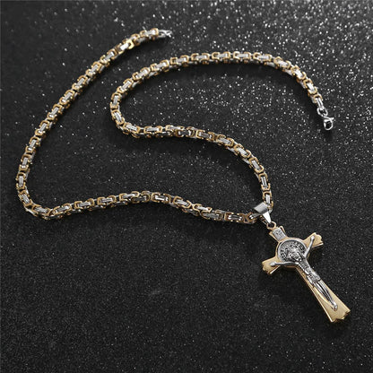 24'' Stainless Steel Byzantine Chain Saint Catholic Benedict Crucifix San Jesus St Benedict Necklace Cross Necklace Gift For Man