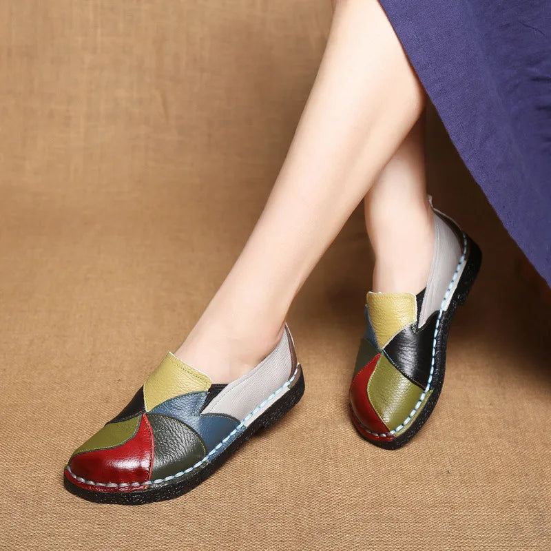 Women Leather Loafers Slip on Sewing Flat Shoes Platform Ladies Patchwork Fashion Casual Female Comfort Shoes PU Leather Flats