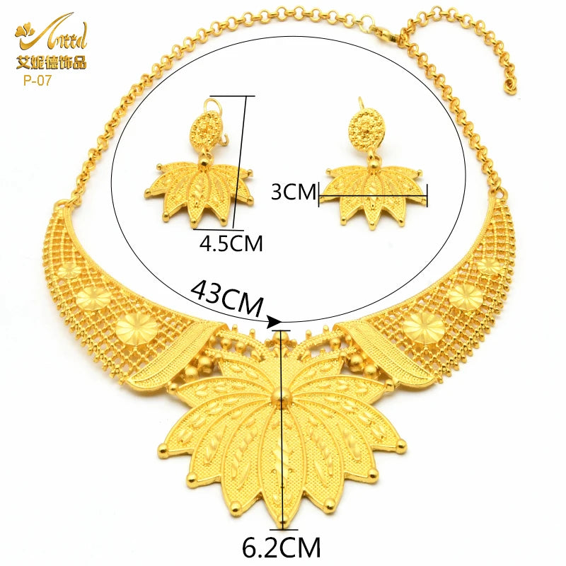 Nigerian Luxury Women Necklace African Jewelry Sets Dubai Indian Female Wedding Party Gift Gold Color Earrings For Jewellery Set