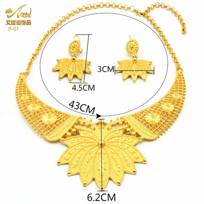 Nigerian Luxury Women Necklace African Jewelry Sets Dubai Indian Female Wedding Party Gift Gold Color Earrings For Jewellery Set