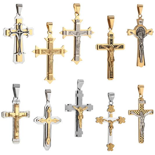 10 Style Stainless Steel Cross Necklace For Men Byzantine  Catholic Crucifix Pendant Male Punk Rock Ornaments Pendant