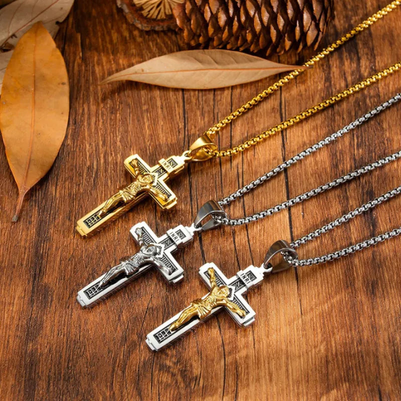 Men and Women New Retro Personality Creative Design Jesus Cross Amulet Pendant Rock Casual Gift Catholic Christian Necklace