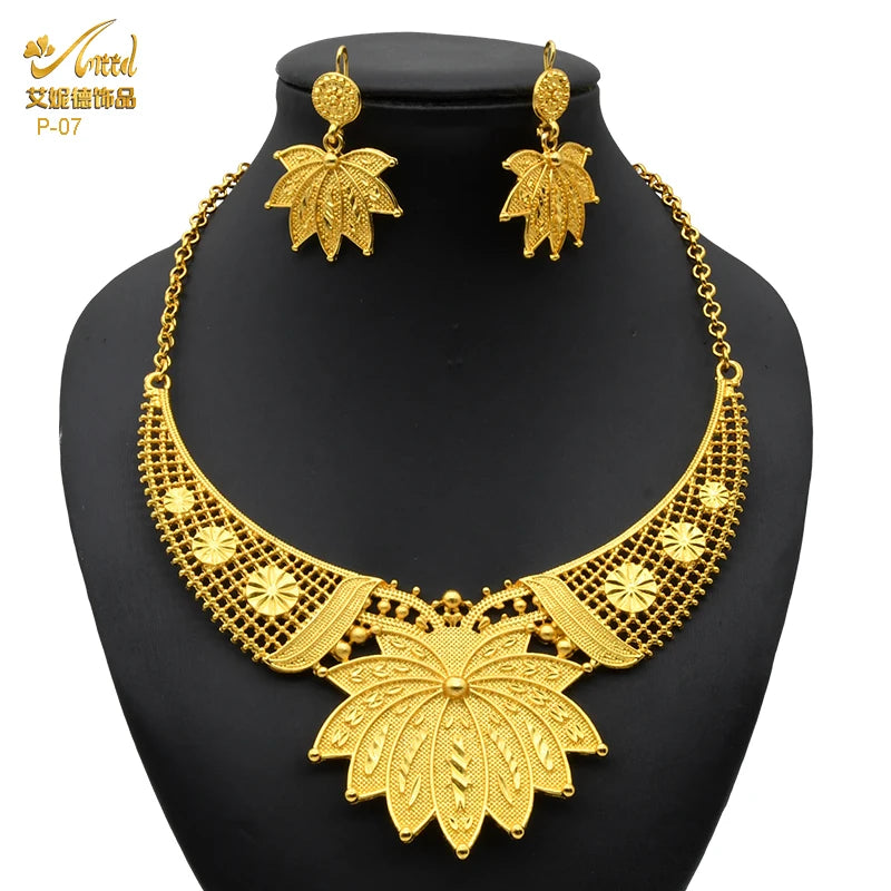 Nigerian Luxury Women Necklace African Jewelry Sets Dubai Indian Female Wedding Party Gift Gold Color Earrings For Jewellery Set