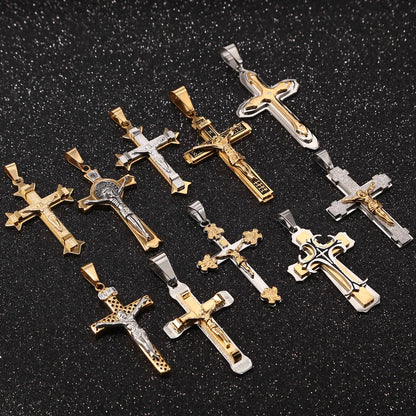 10 Style Stainless Steel Cross Necklace For Men Byzantine  Catholic Crucifix Pendant Male Punk Rock Ornaments Pendant