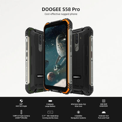 DOOGEE S58 Pro Waterproof Rugged Phone IP68/IP69K  5180mAh Smart Phone 5.71"FHD+Display 6GB+64GB Android 10 NFC Smartphone