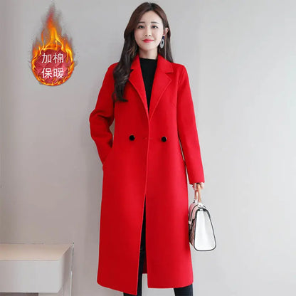 2022 New Thick Woolen Coat Women's New Autumn Long Loose Coat Female Warm Winter Single Breasted Overcoat Red Fashion 25