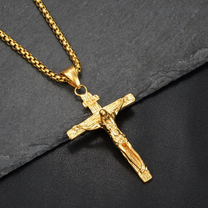 INRI Crucifix Jesus Cross Pendant Necklaces For Men Gold Color Stainless Steel Chains Men's Religious Christian Jewelry Gift