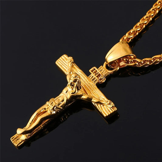 Men Chain Christian Jewelry Gifts Vintage  Cross INRI Crucifix Jesus Piece Pendant & Necklace Gold Color Stainless Steel