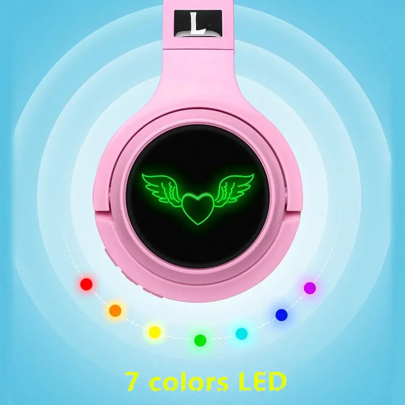 Cute Angel Wings Kids Bluetooth 5.0 Headset 7 Colors LED Headphones support SD Card Audio Cable Headphone for Boy Girl Gift