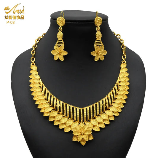 Indian Gold Colour Jewelry Sets Wedding Nigerian Necklace And Earrings 24K Gold Plated Jewellery Bridal Dubai Luxury Party Gifts