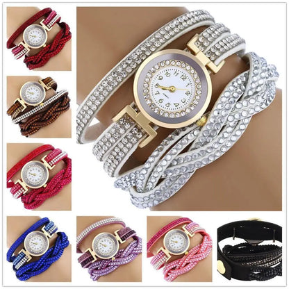 Women  Fashion Rhinestones Faux Leather Braid Analog Clock Quartz Bracelet Wrist Watch gift New Ladies Dress Watches Gift Luxury