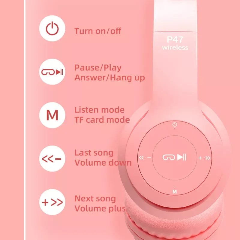 P47 Wireless Headphone Cat Ear With Mic Bluetooth Earphone Stereo Bass Helmets Children Girl Gift Earbuds PC Phone Headset Gamer