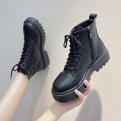 Plus Size 41 Women Motorcycle Ankle Boots Wedges Female Lace Up Platforms Black Leather Oxford Shoes Woman 2023 Botas Mujer