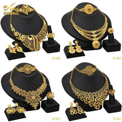 24k Gold Plated Arab Bridal Necklace Earrings Ring Bracelet Indian Ladies Jewelry Set