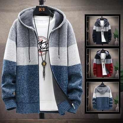 Men's Knit Sweater Fleece Coat Striped Jackets Fashion Hoodies Winter Autumn Thick Warm Windbreaker Pullovers Male Clothing