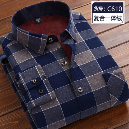 2023 Autumn and Winter New Fashion Trend Plus Fleece Plaid Long-Sleeved Shirt Men's Casual Loose Comfortable Warm Shirt M-5XL