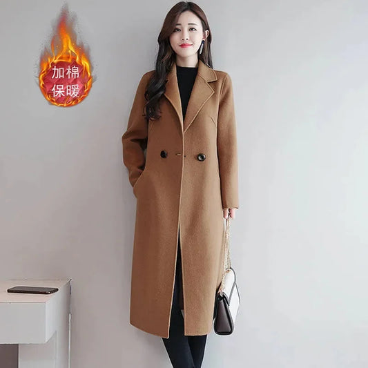 Fashion Female 2023 Autumn Winter New All-match Tie Suit Collar Woolen Handmad Women Mid-length Temperament Woolen Coat Women