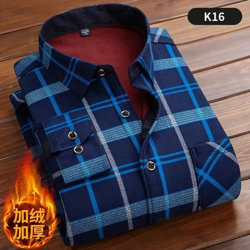 2023 Autumn/Winter New Men's Fashion Long Sleeve Plaid Shirt Fleece and Thick Warm Men's Casual High Quality Large Size Shirt