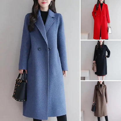 Solid Color Woolen Coat Stylish Women's Woolen Coat Lapel Long Sleeve Two Buttons Pockets Autumn/winter Fashion Outerwear for A