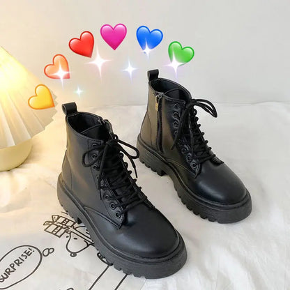 Women Black Platform Boots Female Shoes Autumn Winter Leather Boots Lace Up Ankle Boots Motorcycle Thick Heel Ladies Footwear 42