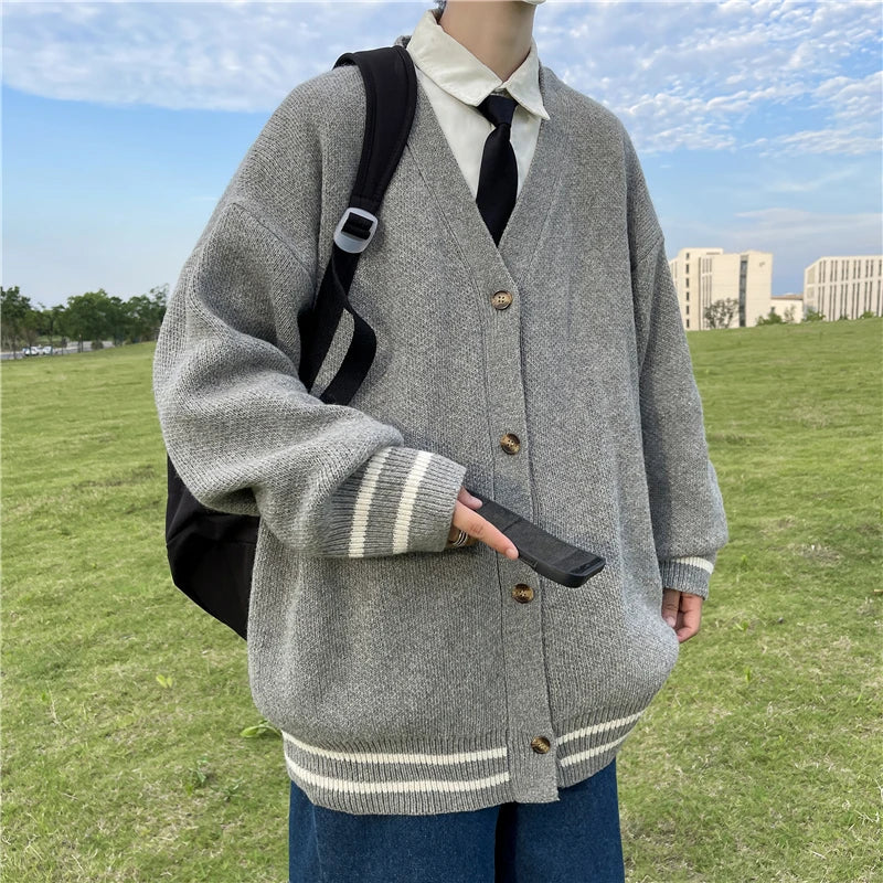 British Retro Cardigan Sweater 2023 New Korean Harajuku Academic Knitted Sweater Pullover Hip Hop Streetwear Loose Knitwear Tops