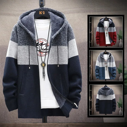 Men's Knit Sweater Fleece Coat Striped Jackets Fashion Hoodies Winter Autumn Thick Warm Windbreaker Pullovers Male Clothing