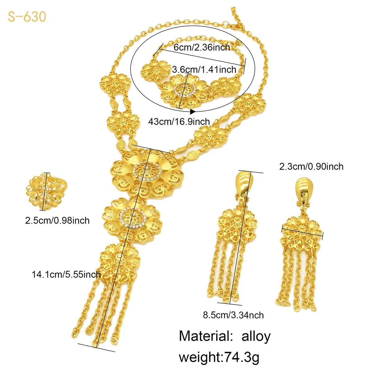 XuHuang Africa Dubai Flowers Long Gold Plated Jewelry Sets For Lady Engagement Nigerian 4Pcs Jewellery Set Wholesale New Gifts