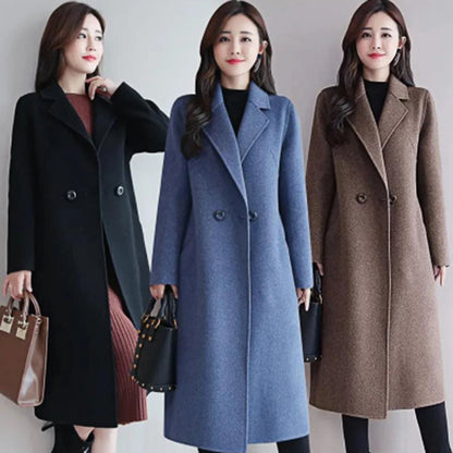 Fashion Women Winter Wool Blends Jacket Coat Midi Length Loose Solid Color Cardigan Pockets Thermal Single Button Lady Overcoat