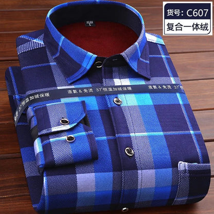 2023 Autumn and Winter New Fashion Trend Plus Fleece Plaid Long-Sleeved Shirt Men's Casual Loose Comfortable Warm Shirt M-5XL