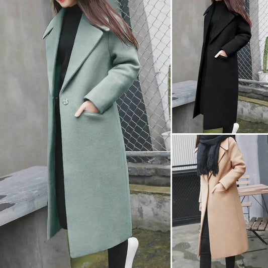 Fashion Women Winter Wool Blends Jacket Coat Midi Length Loose Solid Color Cardigan Pockets Thermal Single Button Lady Overcoat