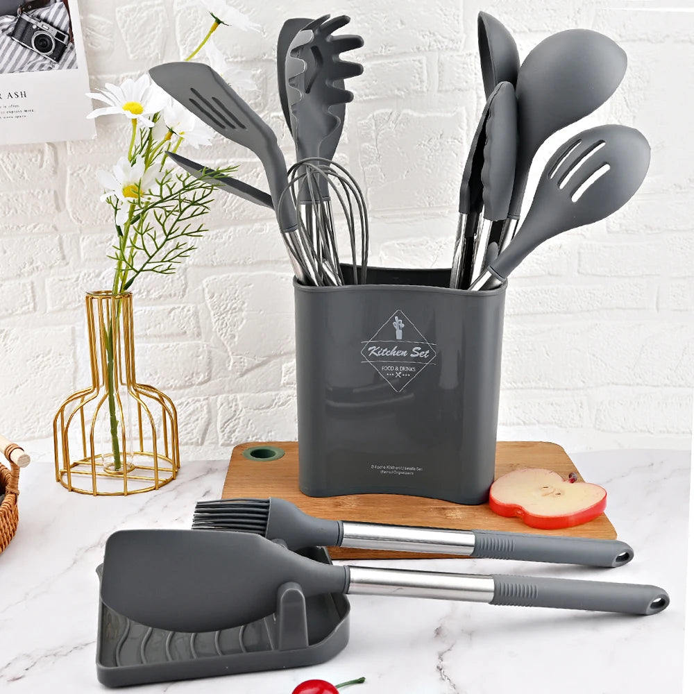 New Grey Kitchen Cookware Silicone Kitchenware Non-stick Cooking Tool Spatula Ladle Egg Beaters Shovel Spoon Soup Utensils Set