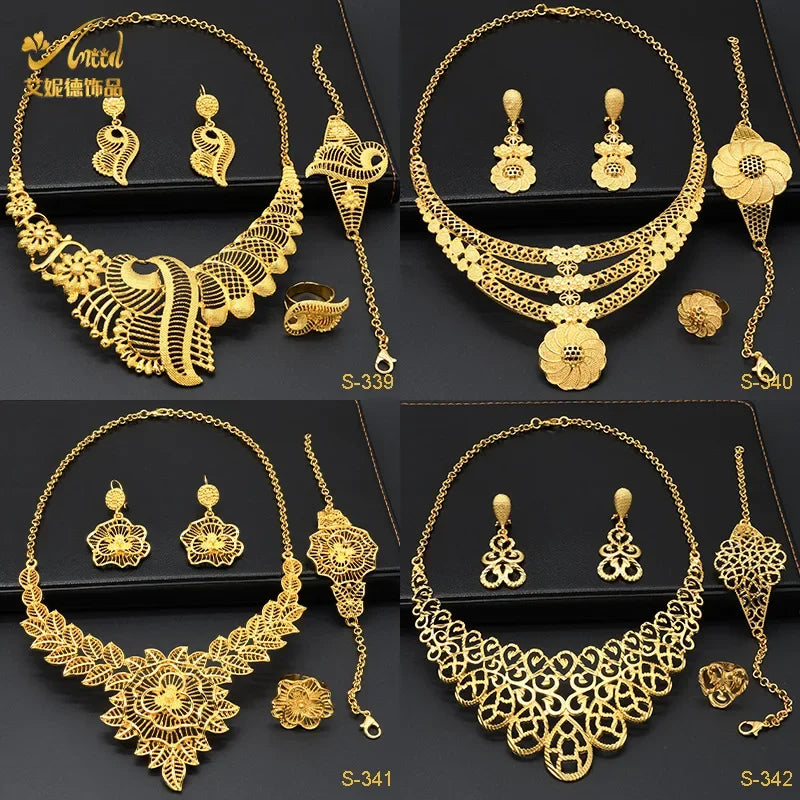 24k Gold Plated Arab Bridal Necklace Earrings Ring Bracelet Indian Ladies Jewelry Set