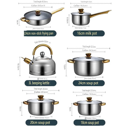 12 Pieces Of Stainless Steel Cookware Set 6 Kinds Of Kitchen Pot Combination Frying Pan Soup Pot Milk Pot Kettle Set Pot Gift