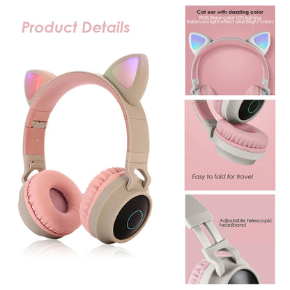 Cute Cat Ear Headset LED Wireless Bluetooth-Compatible Headphones with Mic Glowing Earphones for Children Gifts daughters girls