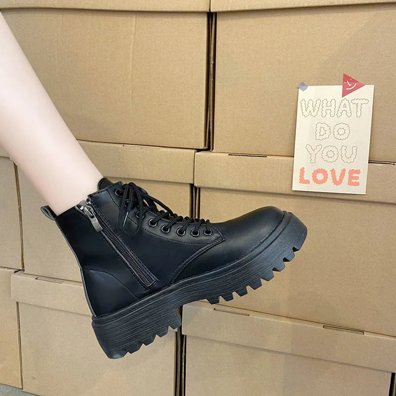 Plus Size 41 Women Motorcycle Ankle Boots Wedges Female Lace Up Platforms Black Leather Oxford Shoes Woman 2023 Botas Mujer